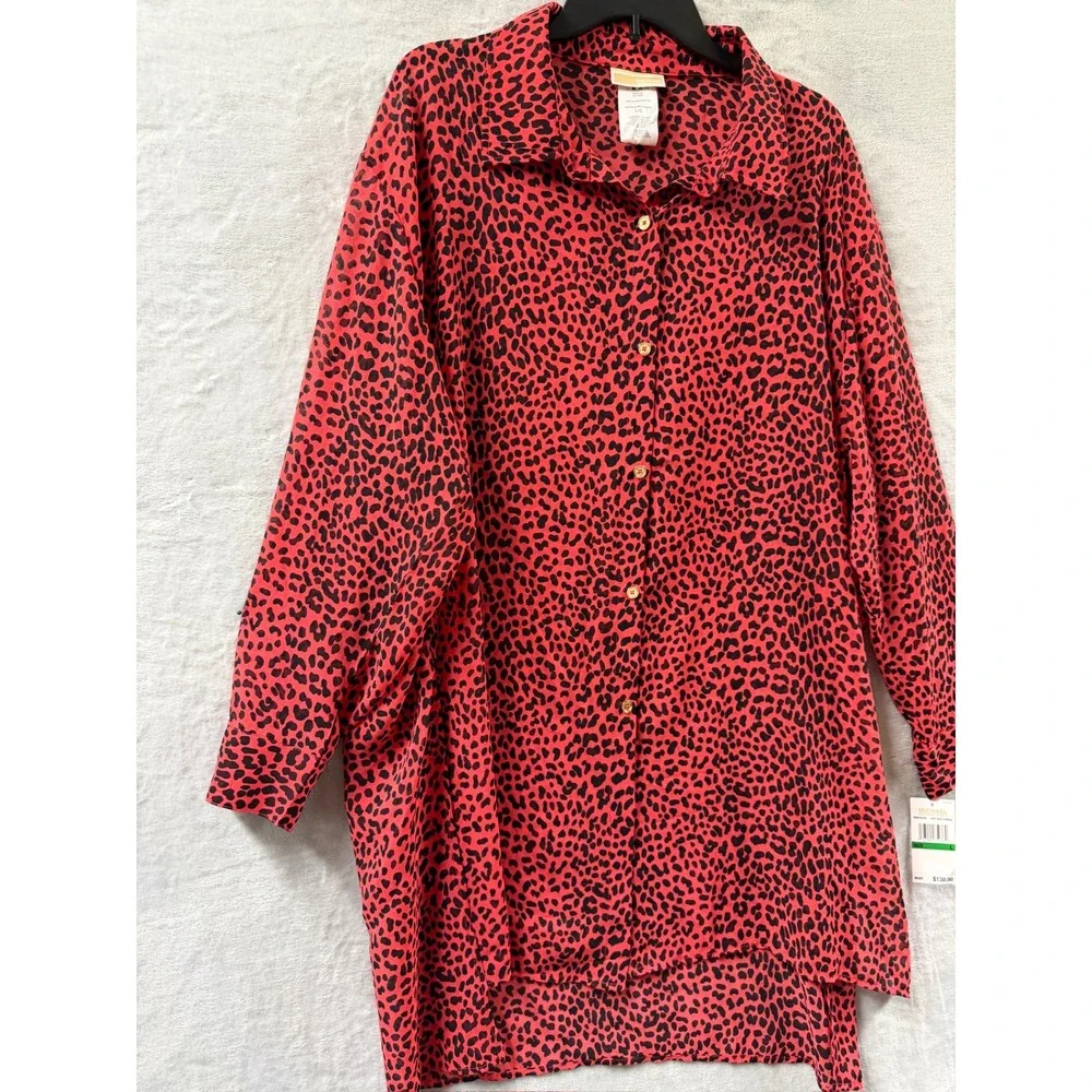 Michael Kors Women's Animal-Print Red Sheer Cover-Up Shirt Size L $130 NWT